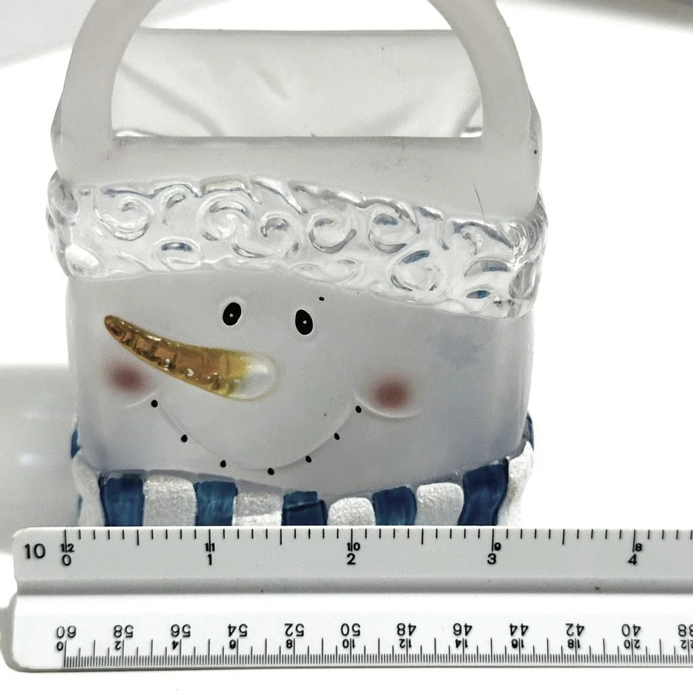 Hand Painted Snowman Glass Basket Decor Clear Blue Excellent Holiday Frosted